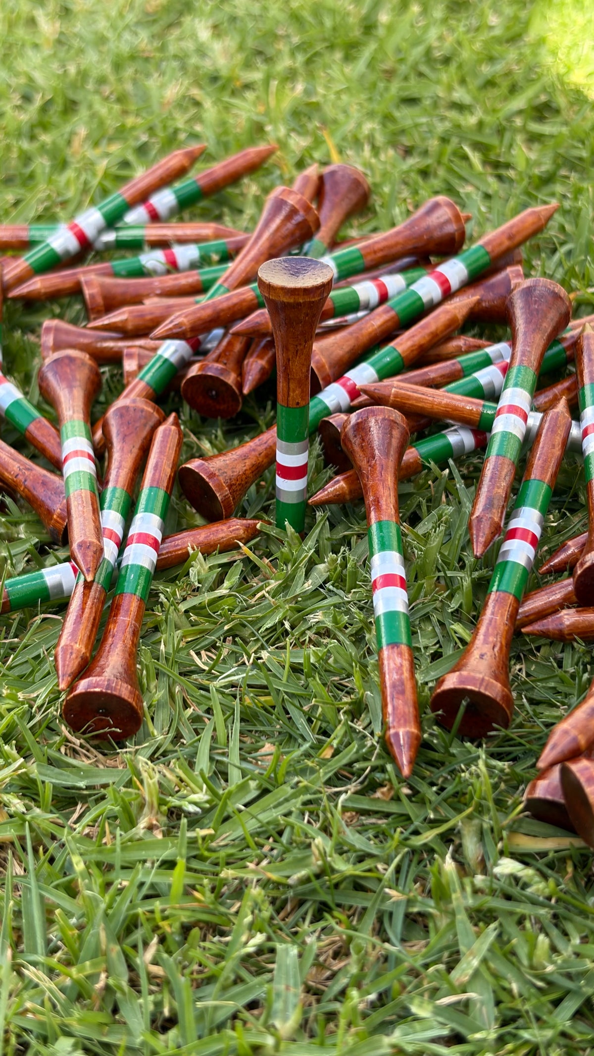 Jingle Bells premium bamboo golf tees, dark wood with green, white and red Christmas stripes