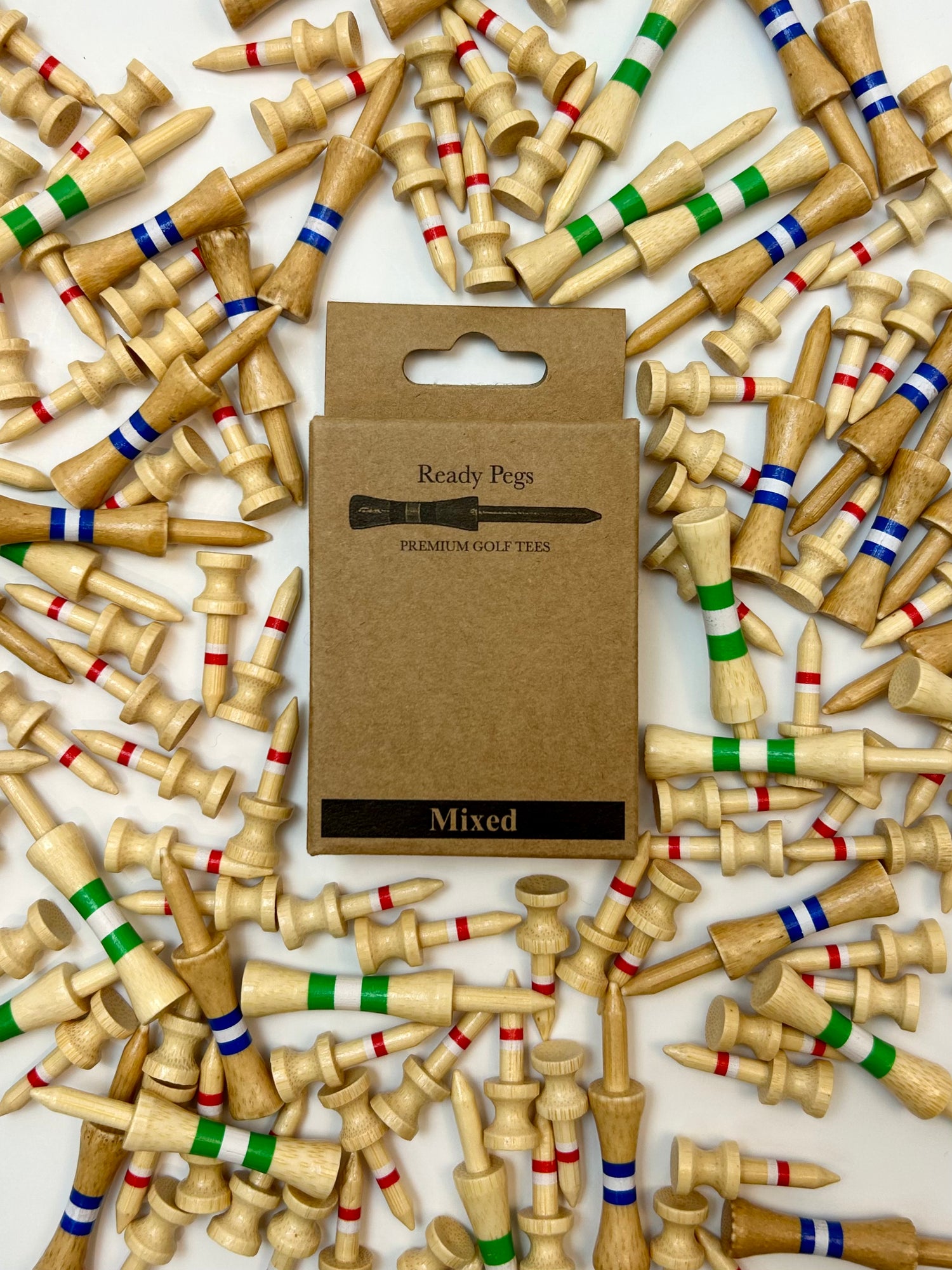 Ready Pegs Mixed bamboo golf tees, 40/36/12mm preset height for driver, fairway & irons