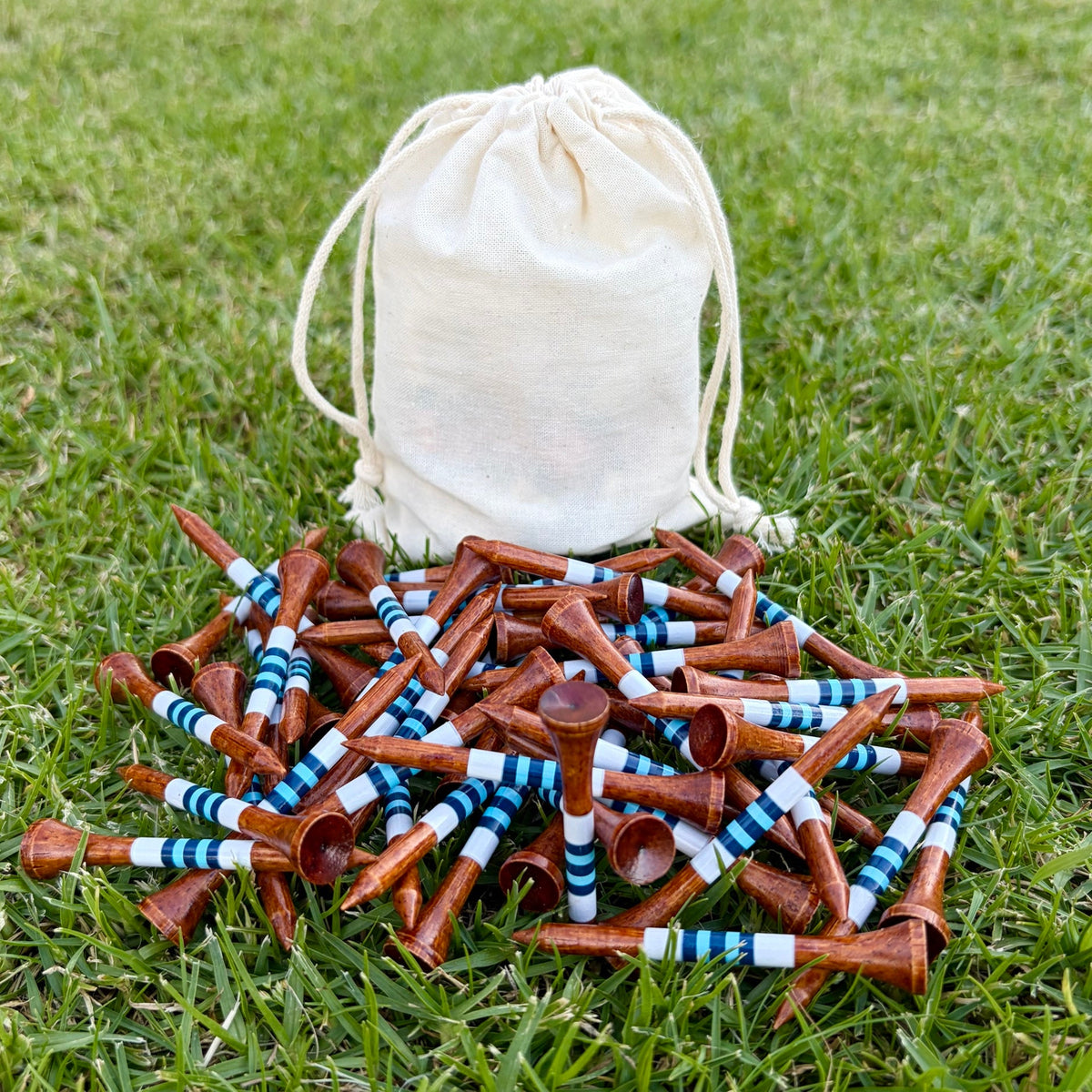Level Pegs Tee Club Annual Pass: a cotton pouch of 50 dark wood bamboo golf tees, one every three months