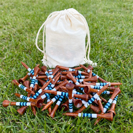 Level Pegs Tee Club Annual Pass: a cotton pouch of 50 dark wood bamboo golf tees, one every three months