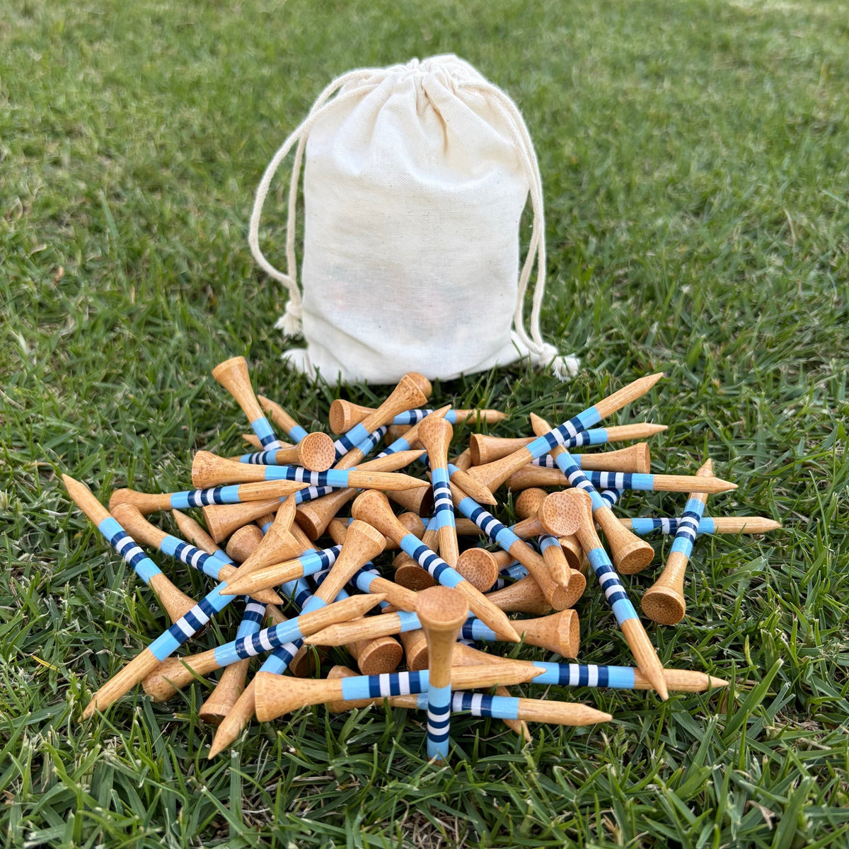 Level Pegs Tee Club Annual Pass: a pouch of natural bamboo golf tees with light blue and navy stripes